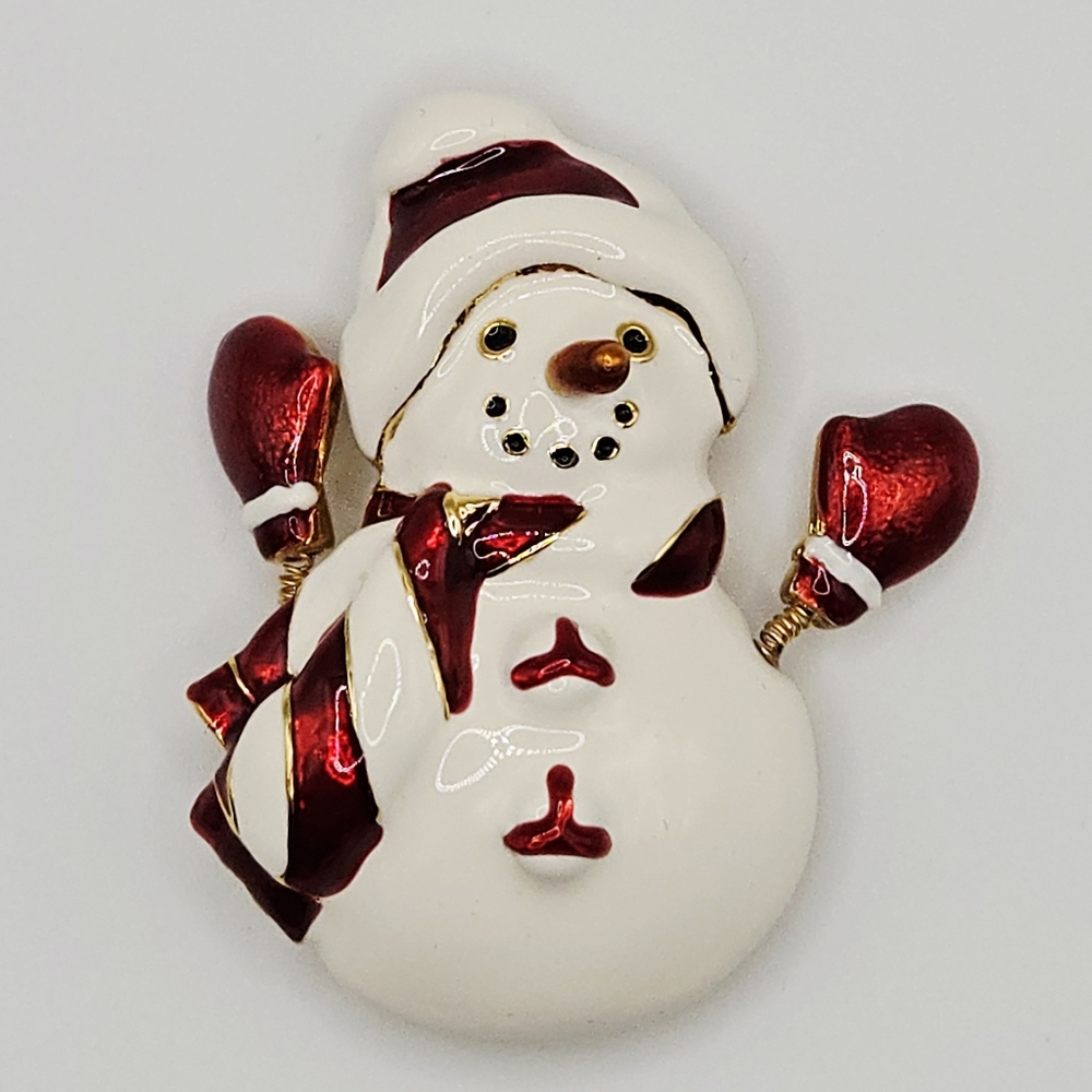 Christopher Radko Enamel Snowman Brooch With Movable mittens
